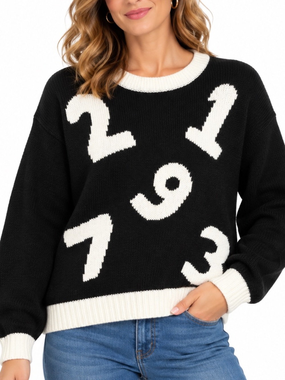 Vintage Jigsaw Number Sweater M Black White Graphic 100% Acrylic Hong Kong